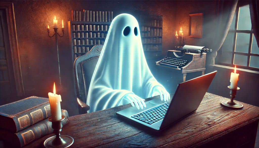 The picture features an AI generated image of a ghost sitting at a laptop with a spooky feel fit for halloween.