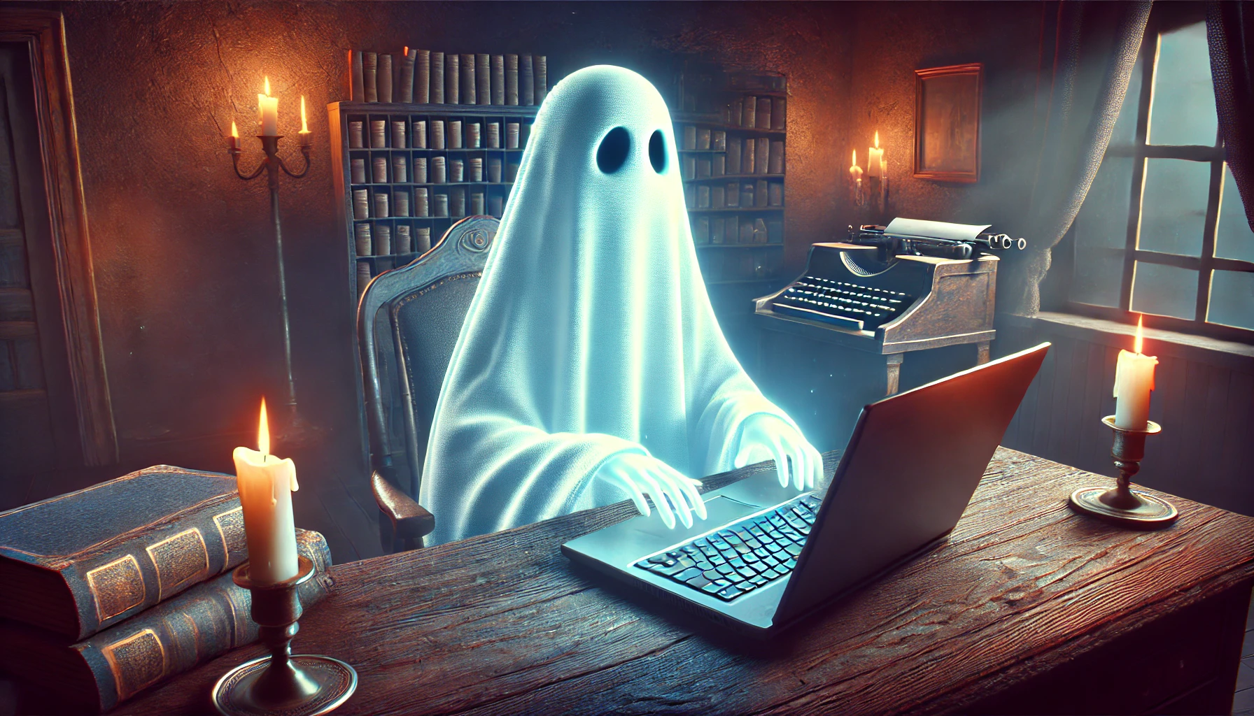 A glowing halloween ghost sitting at the computer