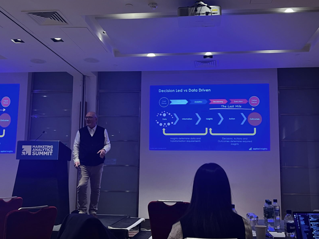 Neil Mason delivering his talk on on Building a Really Offensive Data Strategy. The slide compared Decision Led vs Data Driven. 
