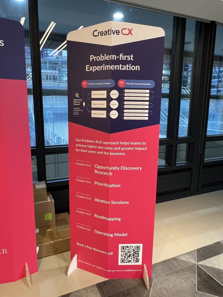 Our pop-up banner from the conference titled: 'Problem-first Experimentation,' outlining Creative CX's approach to higher win rates and greater impact through prioritizing customer problems and solutions. It lists steps such as Opportunity Discovery Research, Prioritisation, Ideation Sessions, Roadmapping, and Operating Model. A QR code at the bottom invites users to book a free discovery call."